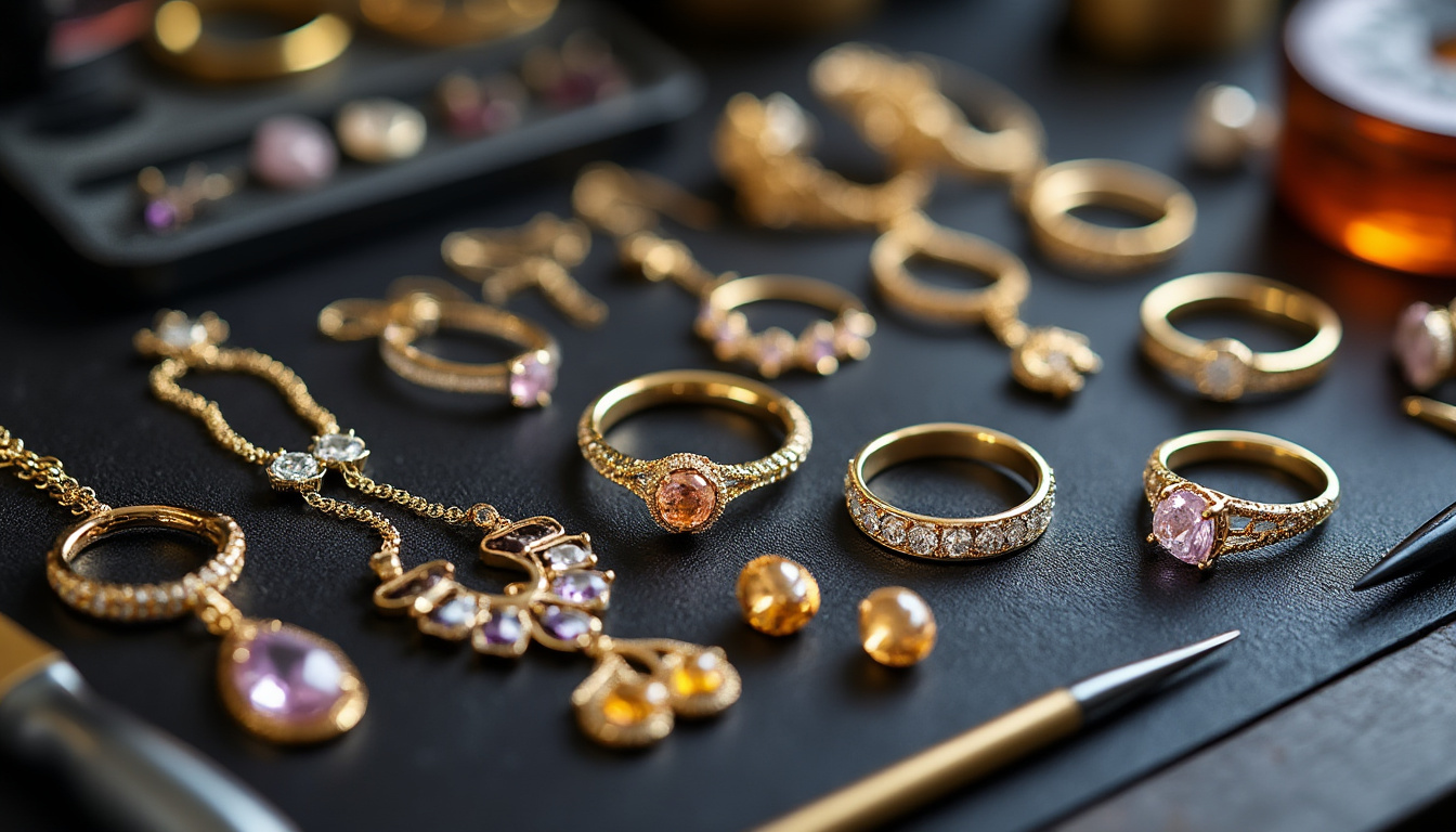 Pierres précieuses et bague en atelier de gemmologie