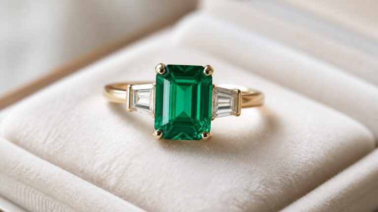 Bague de fiançailles émeraude taille classique sur écrin blanc