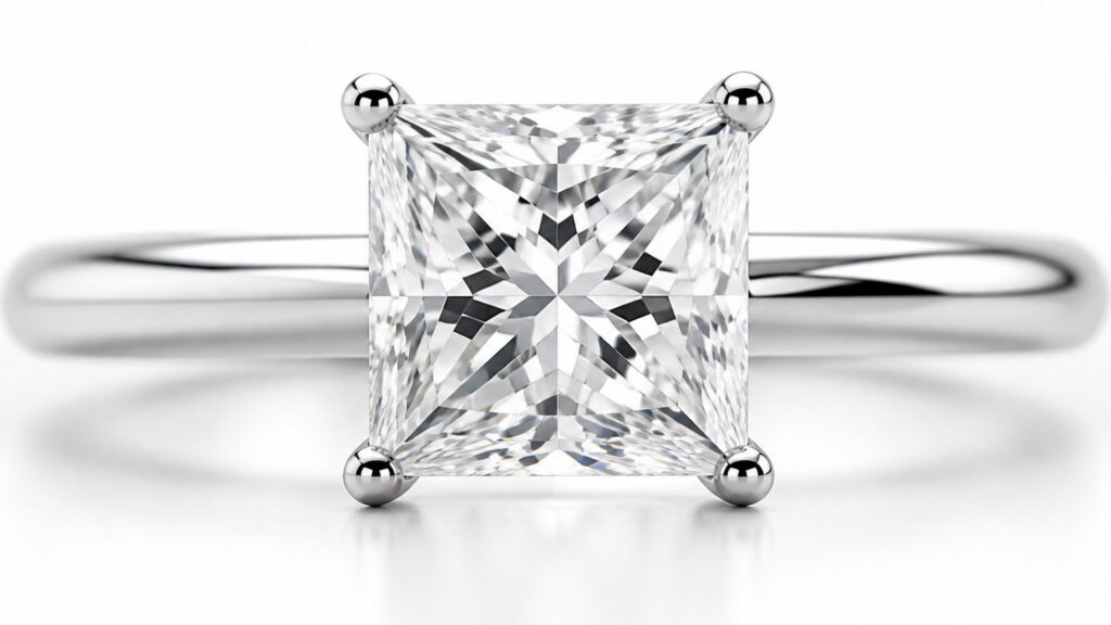 Bague diamant carré taille princesse mettant en valeur la brillance et les facettes claires