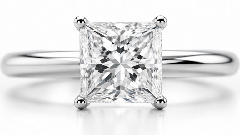 Bague diamant carré taille princesse mettant en valeur la brillance et les facettes claires
