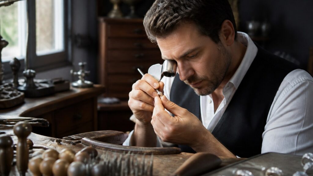 Artisan joaillier travaillant sur un bijou en diamant dans un atelier