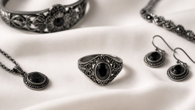 Bijoux en argent noirci posés sur tissu blanc