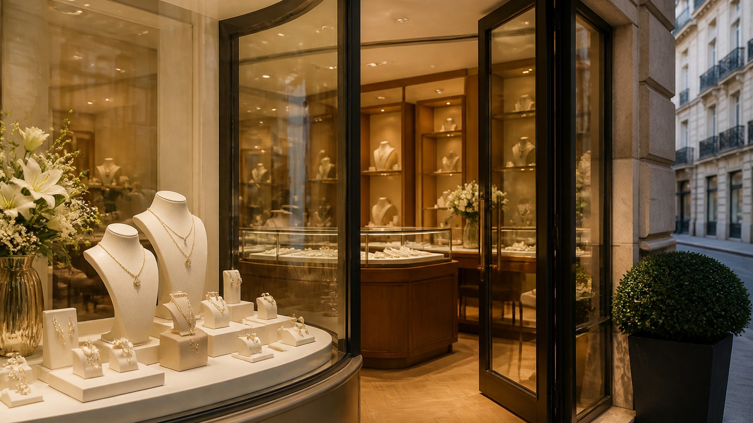 Vitrine d'une bijouterie élégante en centre-ville français
