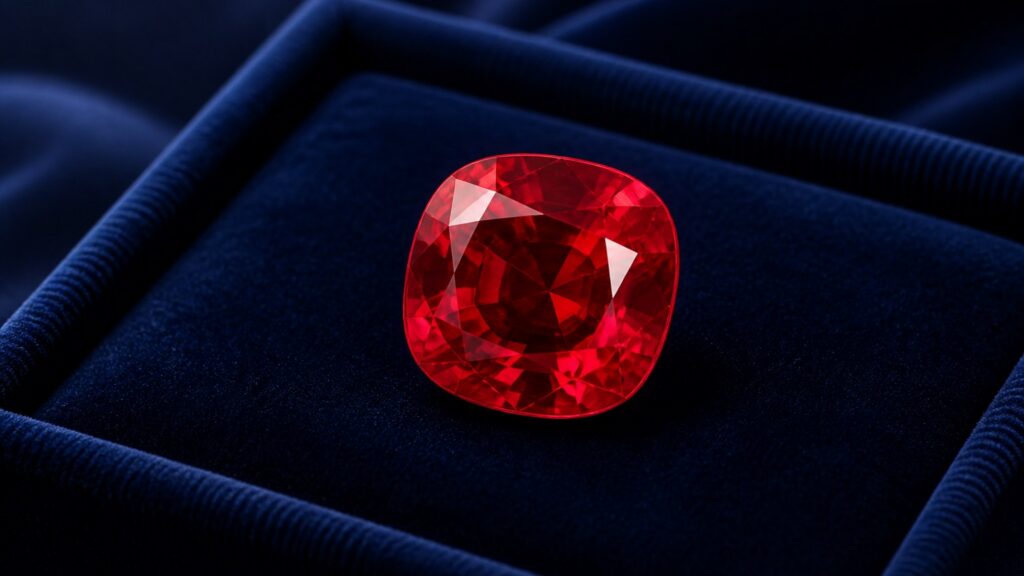 Rubis rouge vif taillé en coussin sur écrin bleu