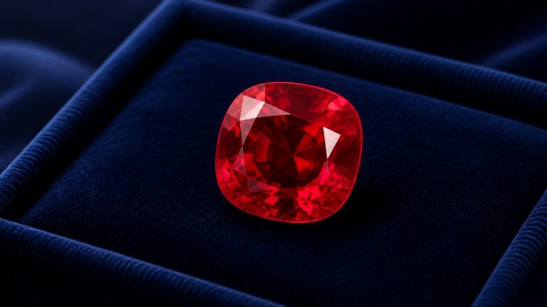 Rubis rouge vif taillé en coussin sur écrin bleu