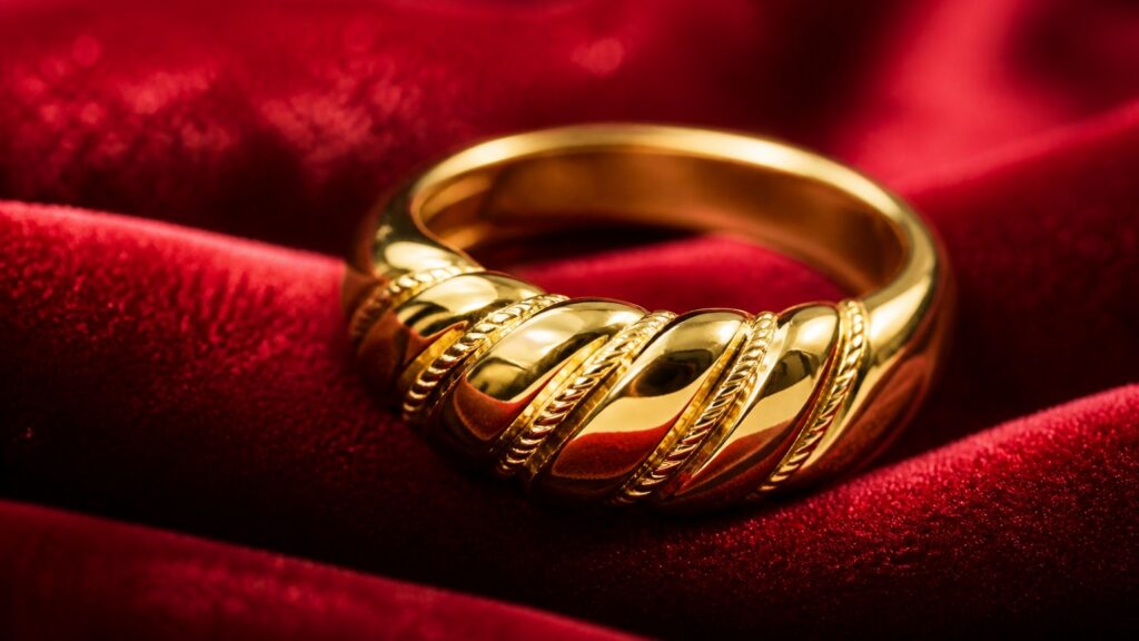 Bague en vermeil 18 carats sur tissu de velours rouge