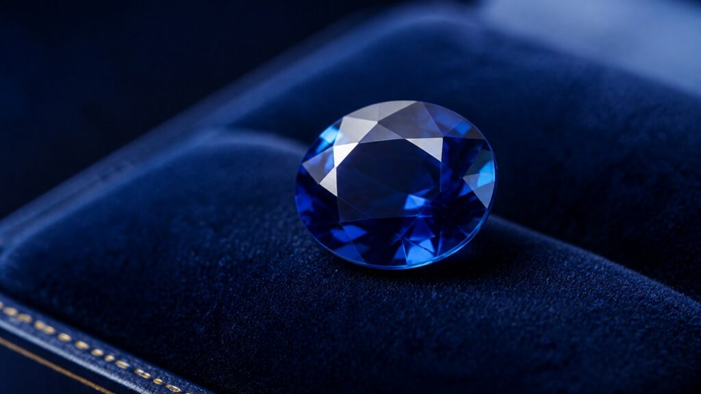 Saphir bleu facetté dans un écrin bleu