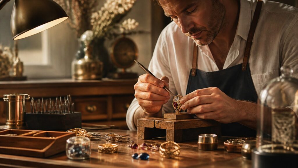 Atelier de joaillerie avec artisan façonnant un bijou en or orné de pierres précieuses