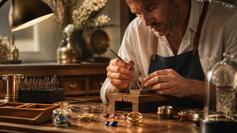 Atelier de joaillerie avec artisan façonnant un bijou en or orné de pierres précieuses