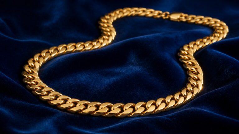 Chaîne plaqué or homme maille gourmette sur fond bleu
