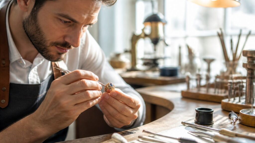 Bijoutier joaillier en train de transformer une bague ancienne