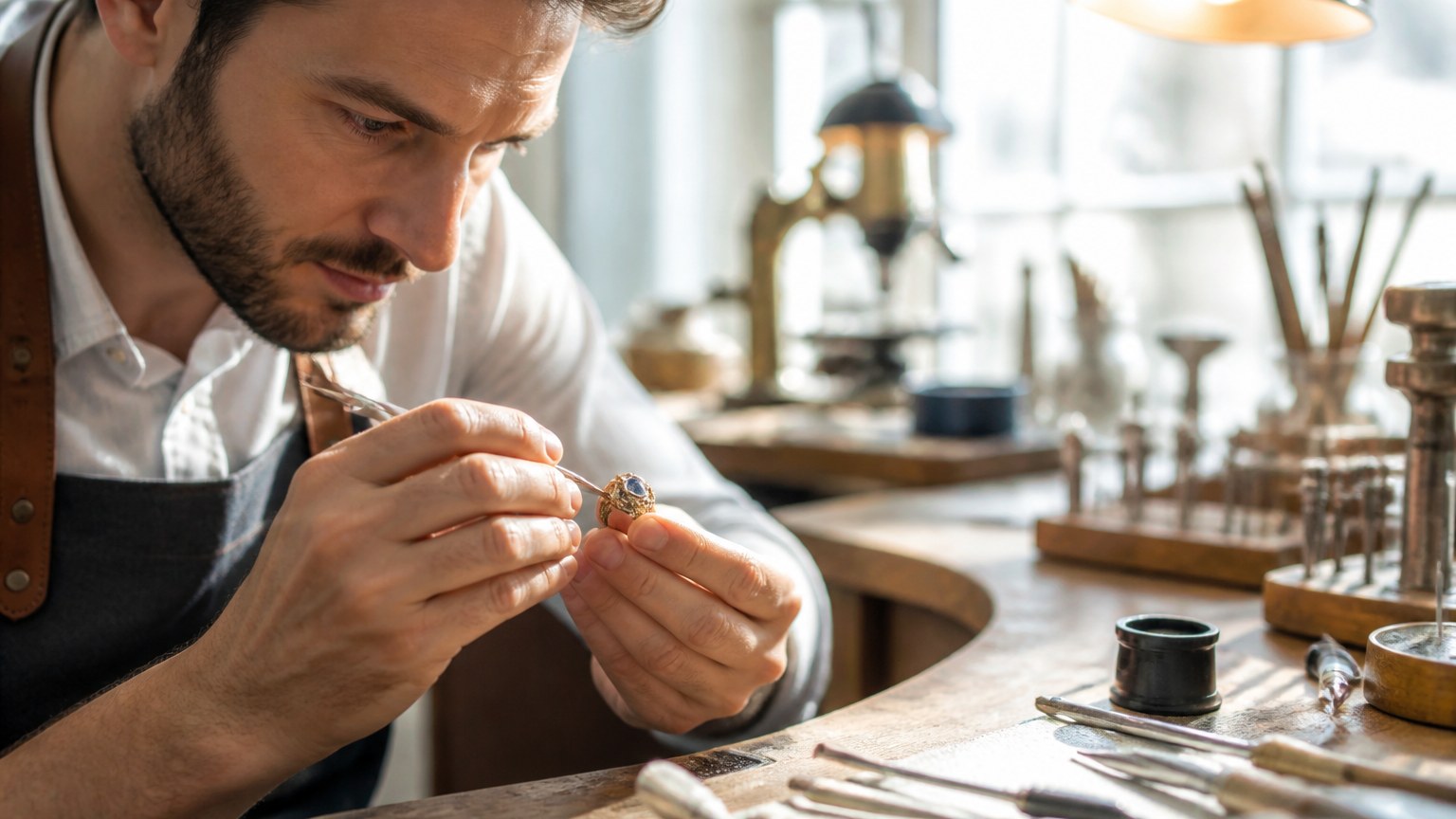 Bijoutier joaillier en train de transformer une bague ancienne
