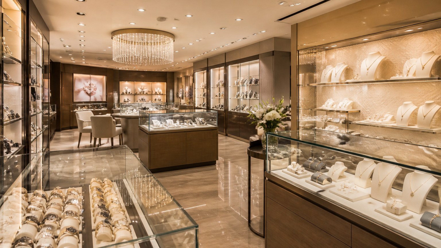 Intérieur de la bijouterie Maty à Nantes avec vitrines remplies de bijoux et montres
