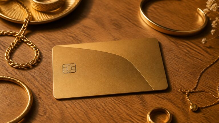Carte vermeil SNCF posée avec bijoux en métal vermeil sur table