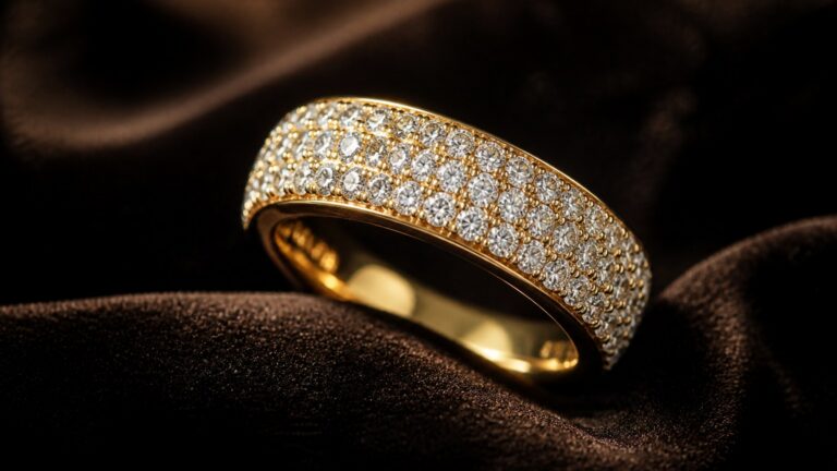 Alliance en or jaune avec diamants sertis pavé sur fond de velours noir