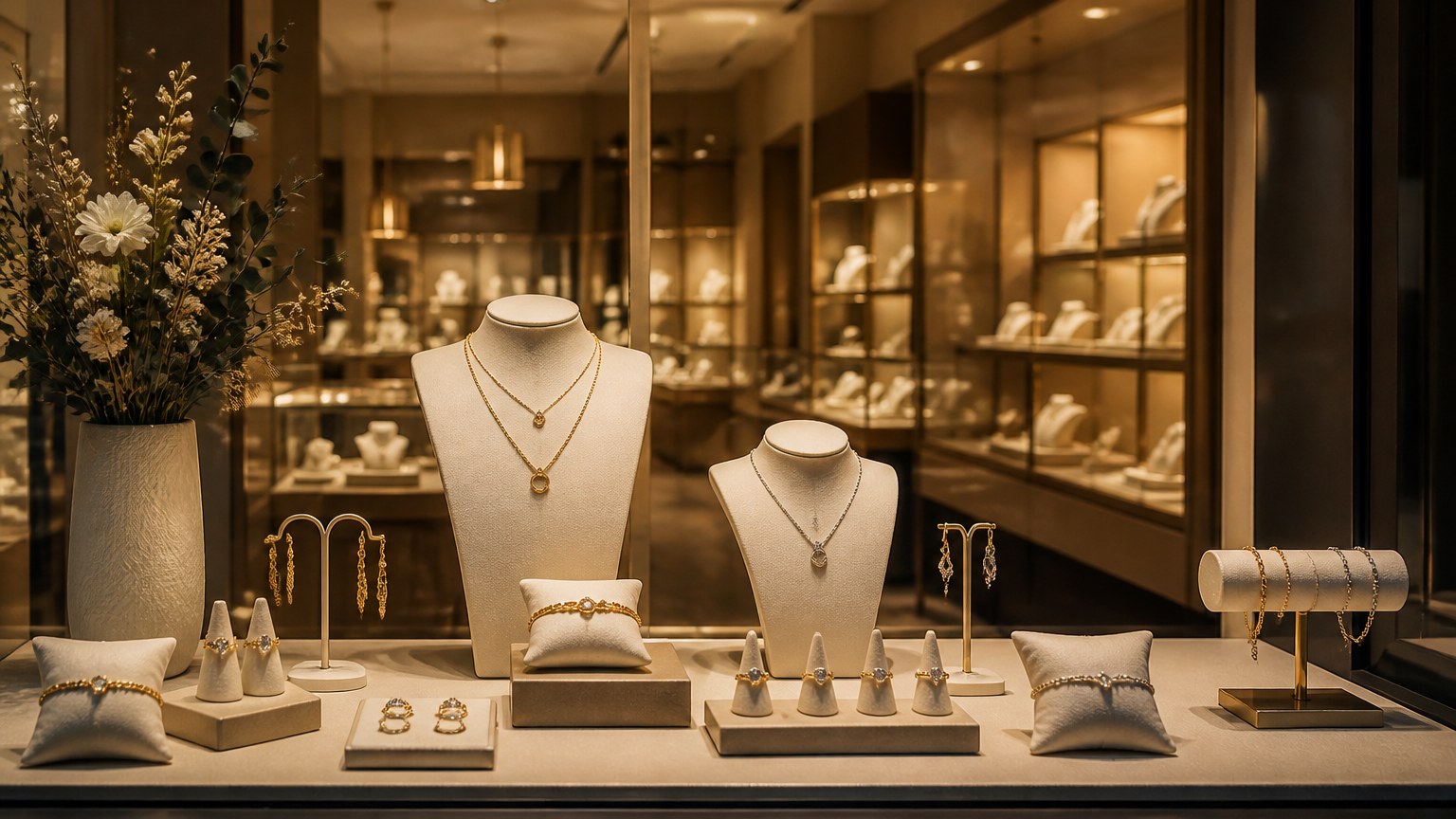 Vitrine de la bijouterie CLEOR à Dijon avec bijoux en or et argent