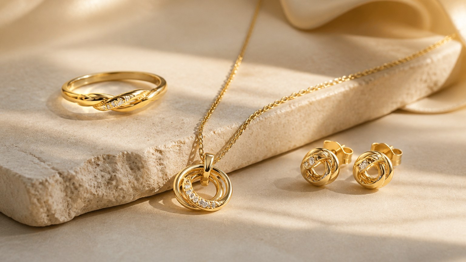 Parure de bijoux en or 375 composée d'une bague, d'un collier et de boucles d'oreilles