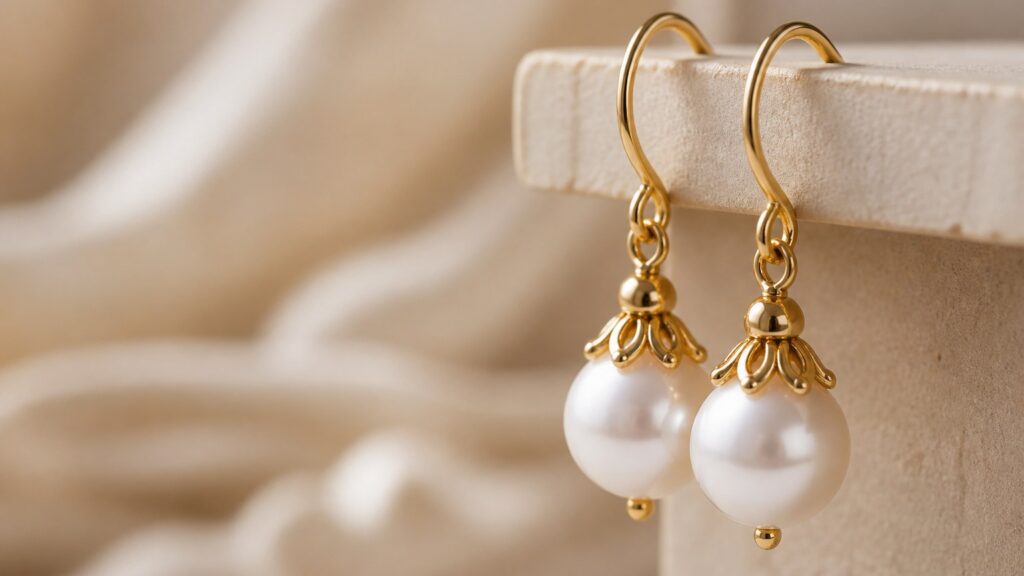 Boucles d'oreilles pendantes en perle de culture avec monture dorée