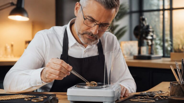 Bijoutier pesant des bijoux en or 18 carats avec une balance de précision