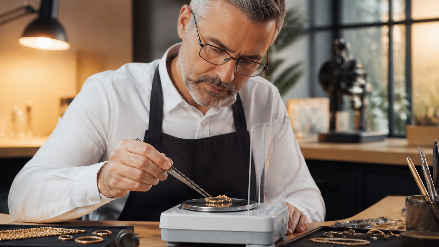 Bijoutier pesant des bijoux en or 18 carats avec une balance de précision