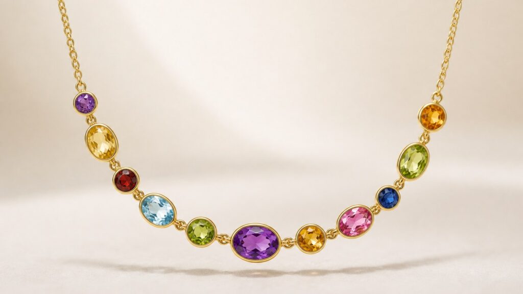 Collier en or jaune avec pierres fines multicolores aux formes variées