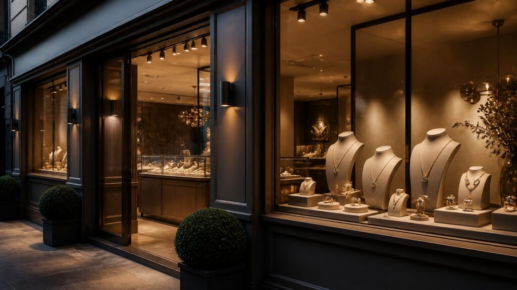 Vitrine d'une bijouterie française moderne avec bijoux en or et pierres précieuses
