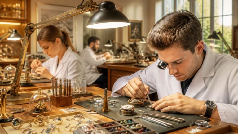 Atelier professionnel de la Haute École de Joaillerie avec artisans au travail