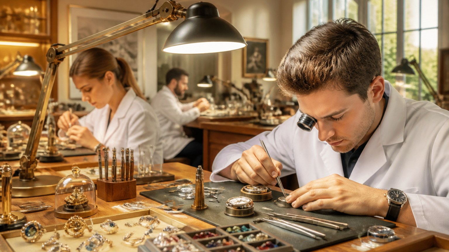 Atelier professionnel de la Haute École de Joaillerie avec artisans au travail