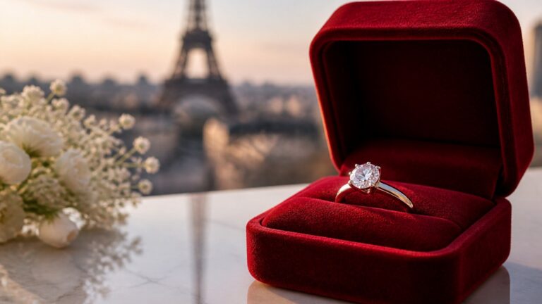 Bague de fiançailles en diamant solitaire sur écrin rouge