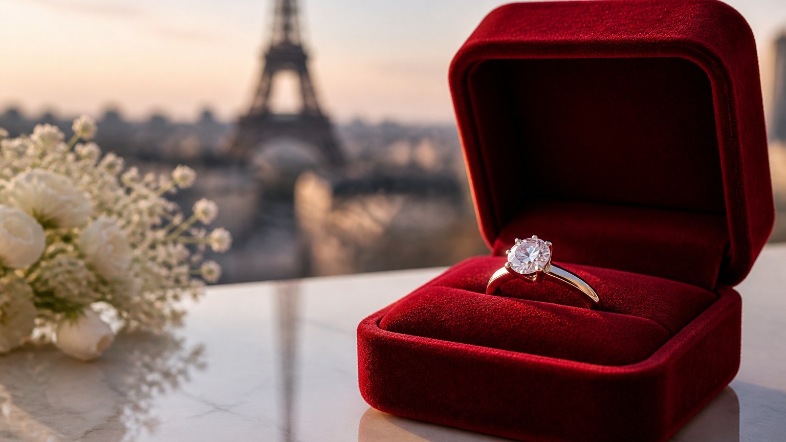 Bague de fiançailles en diamant solitaire sur écrin rouge