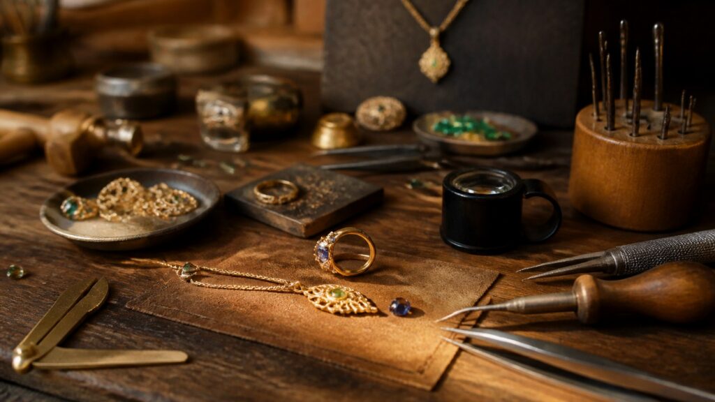 Atelier de joaillier avec outils et bijoux en or