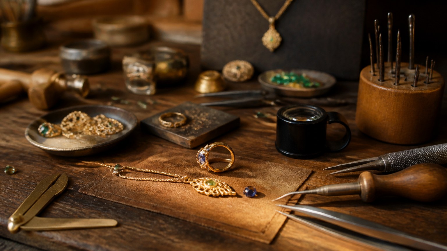 Atelier de joaillier avec outils et bijoux en or