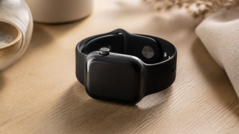 Bracelet Apple Watch en silicone noir sur table en bois