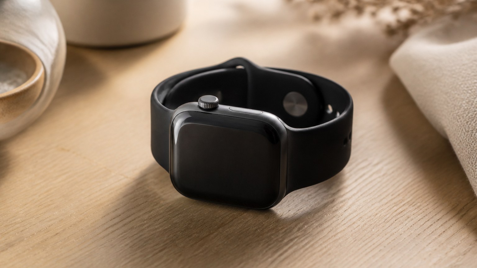 Bracelet Apple Watch en silicone noir sur table en bois