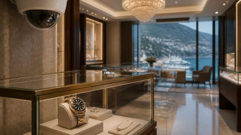Caméra de surveillance dans une bijouterie de Monaco avec montre de luxe