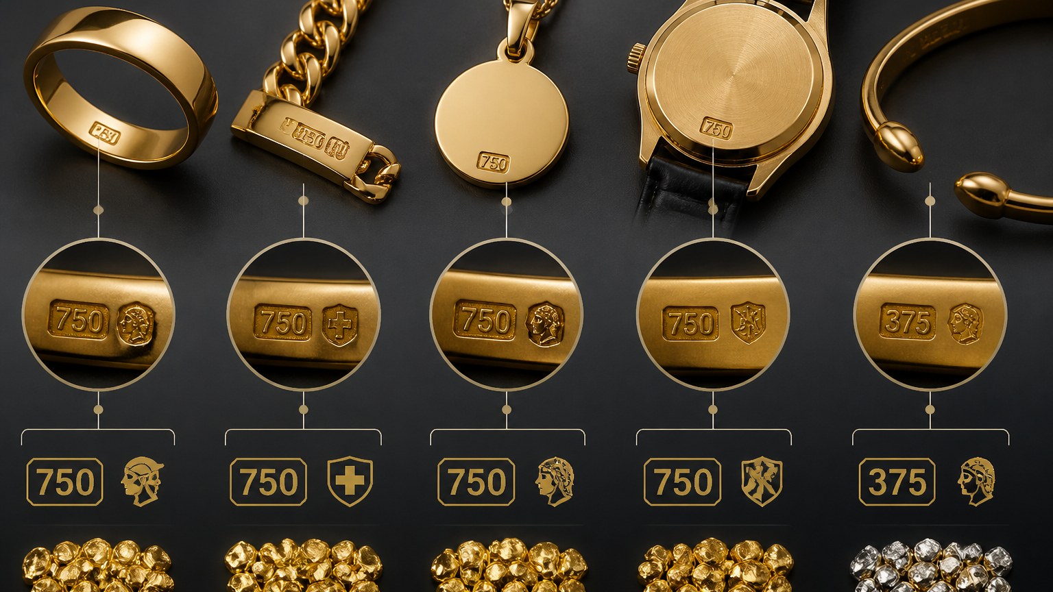 Comparaison des poinçons or suisse avec titres et symboles sur bijoux