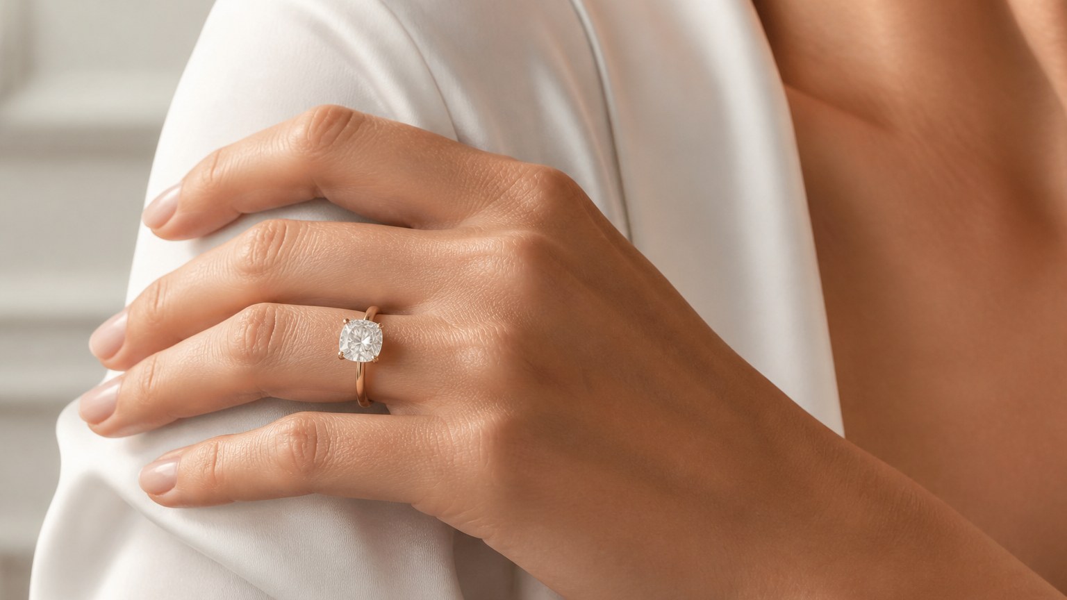 Main féminine portant une bague diamant carré taille coussin sertie en or