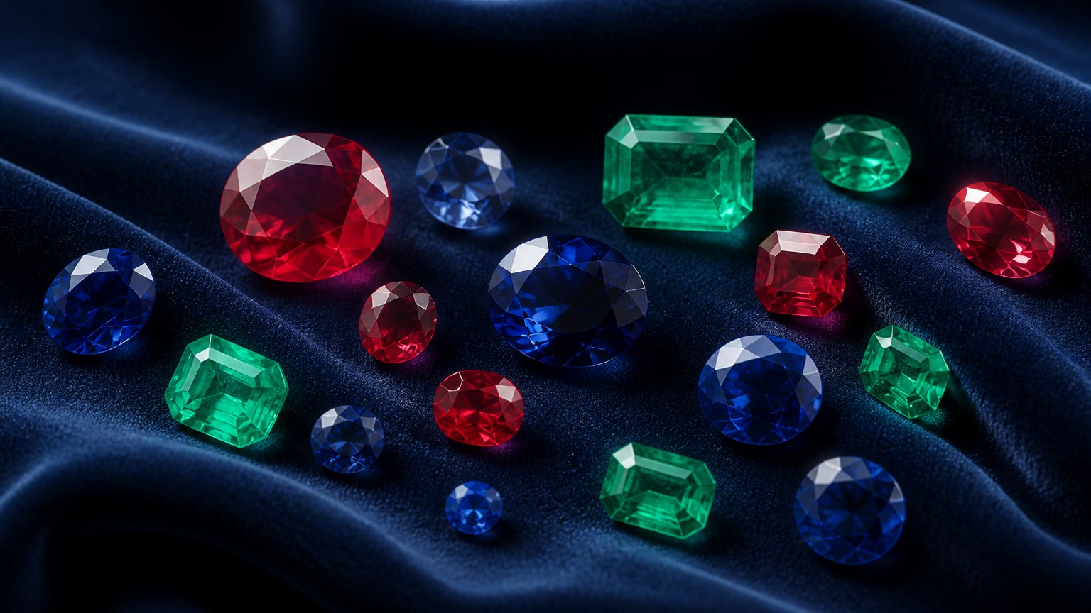 Collection de pierres nobles : rubis, saphir, émeraude