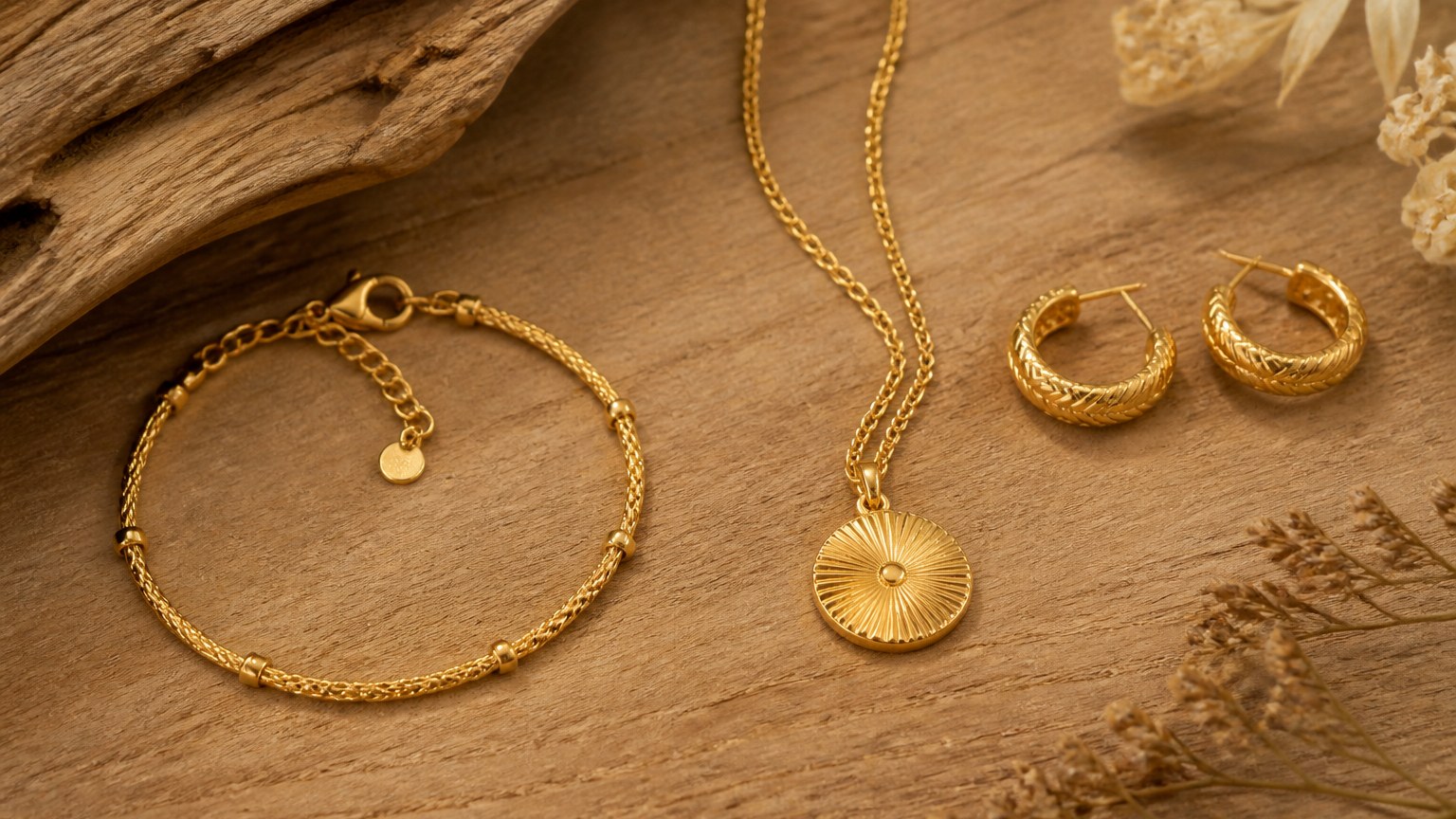 Collection de bijoux en vermeil sur fond bois