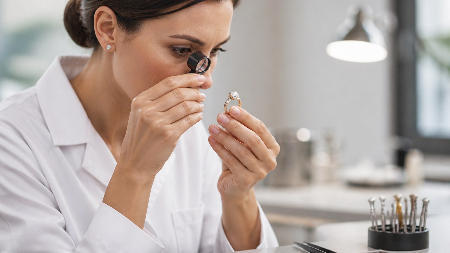 Experte bijouterie examinant une bague avec loupe