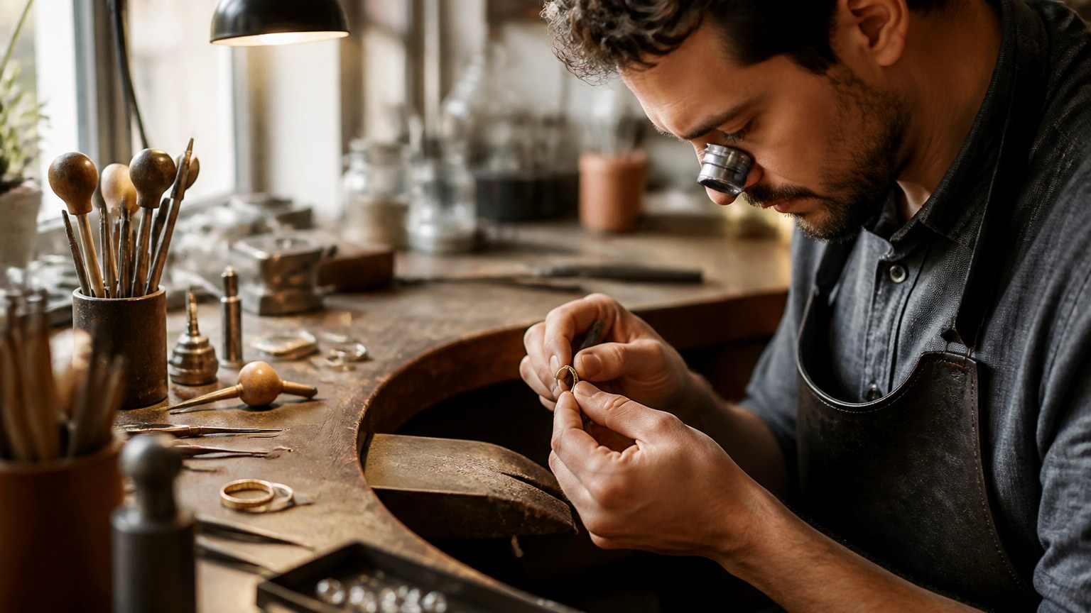 Artisan bijoutier en train de travailler sur une bague en or
