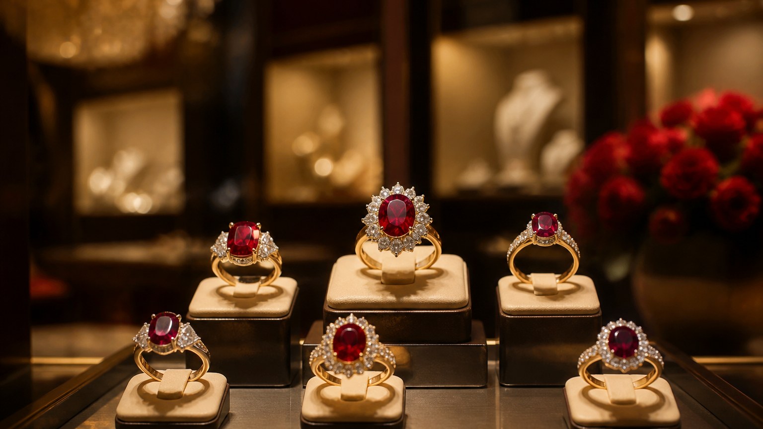 Vitrine de bijoux avec bagues rubis naturel dans une bijouterie élégante