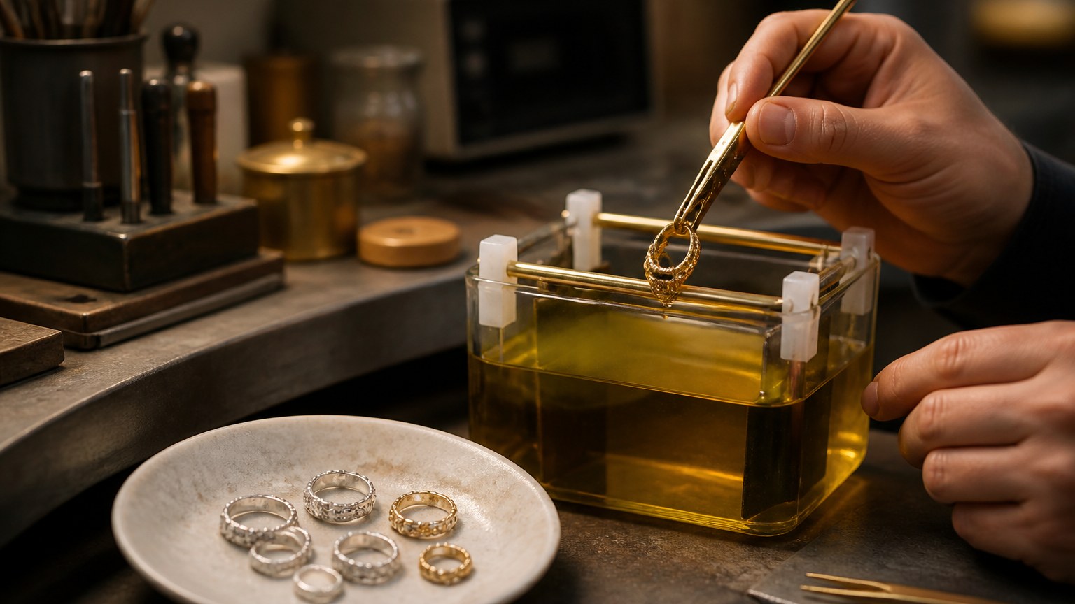 Application de la couche d'or sur argent dans un atelier de bijoux