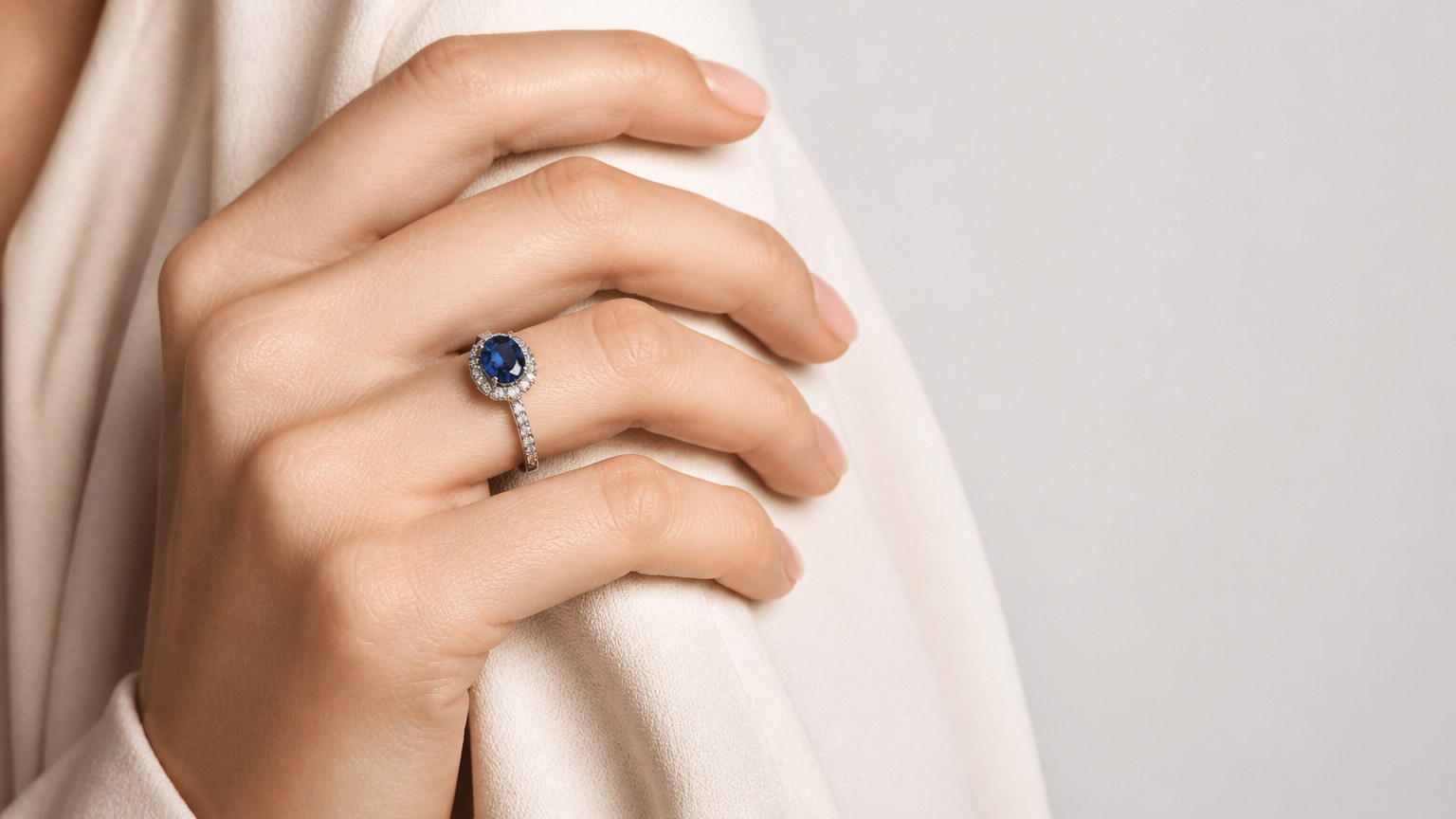 Bague en or blanc avec saphir bleu porté au doigt