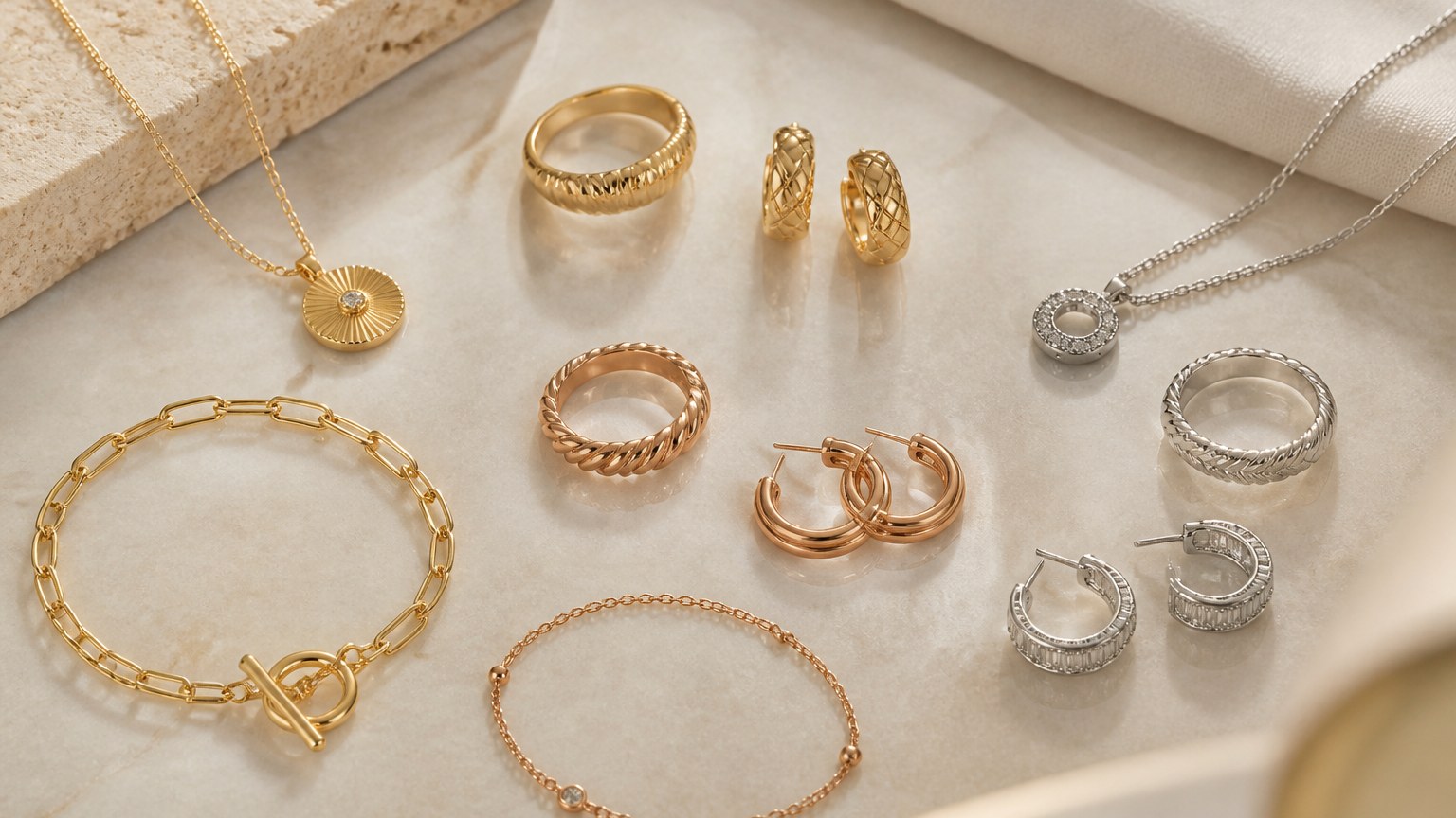 Variations de couleurs en bijoux en vermeil : jaune, rose et blanc