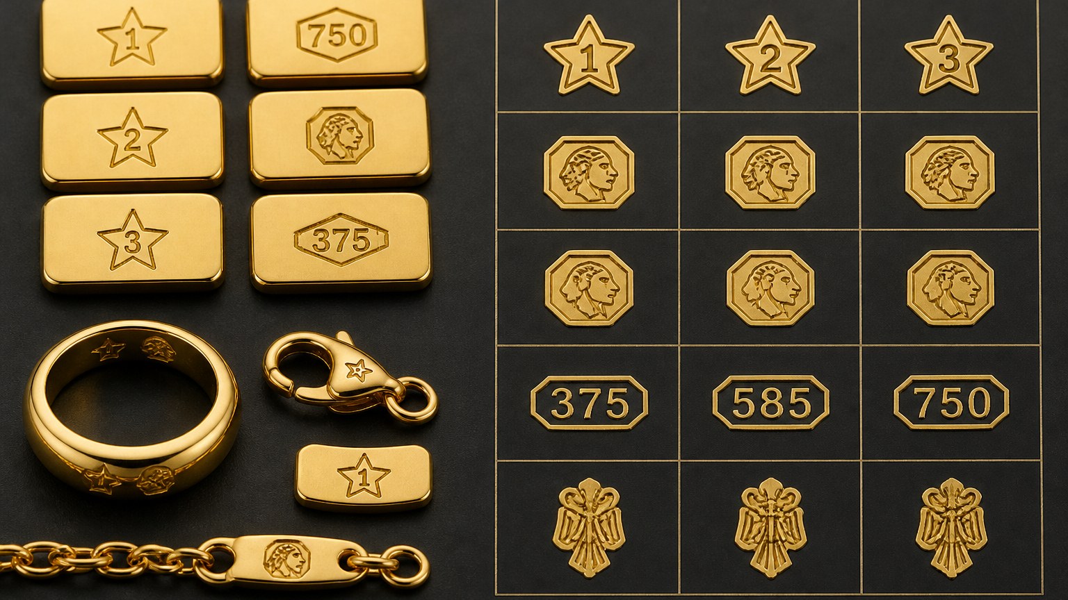 Différents poinçons d'or italiens sur bijoux et lingots
