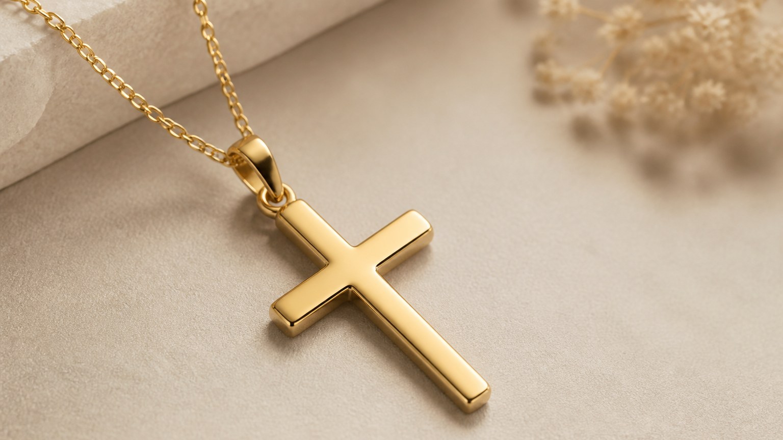 Gros plan sur une croix en or 18 carats sur chaîne fine