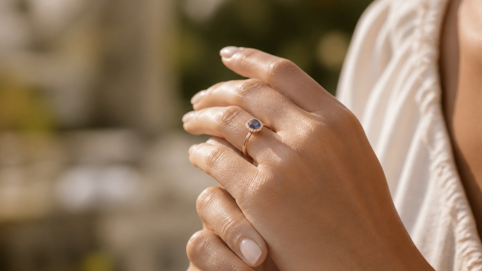 Bague en or rose 18 carats avec pierre précieuse bleue portée