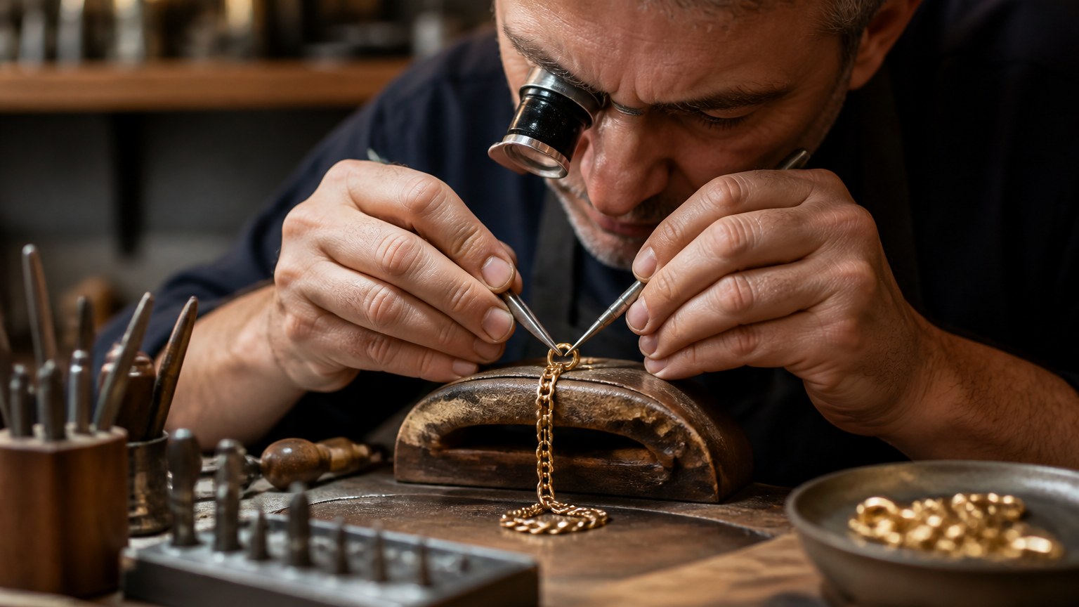 Réparation minutieuse d'une chaîne en or 18 carats par un bijoutier