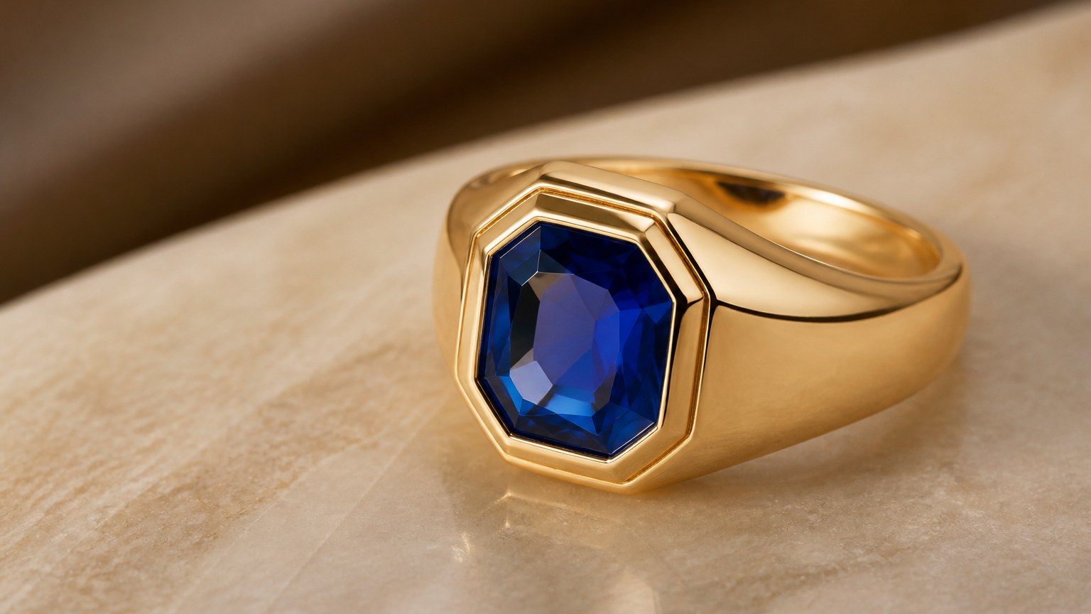 Chevalière en or 18 carats sertie d’une pierre précieuse bleue